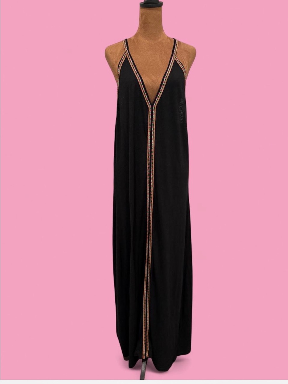 Pitusa Pima Sundress Black Inca Trim Maxi Boho Dress L